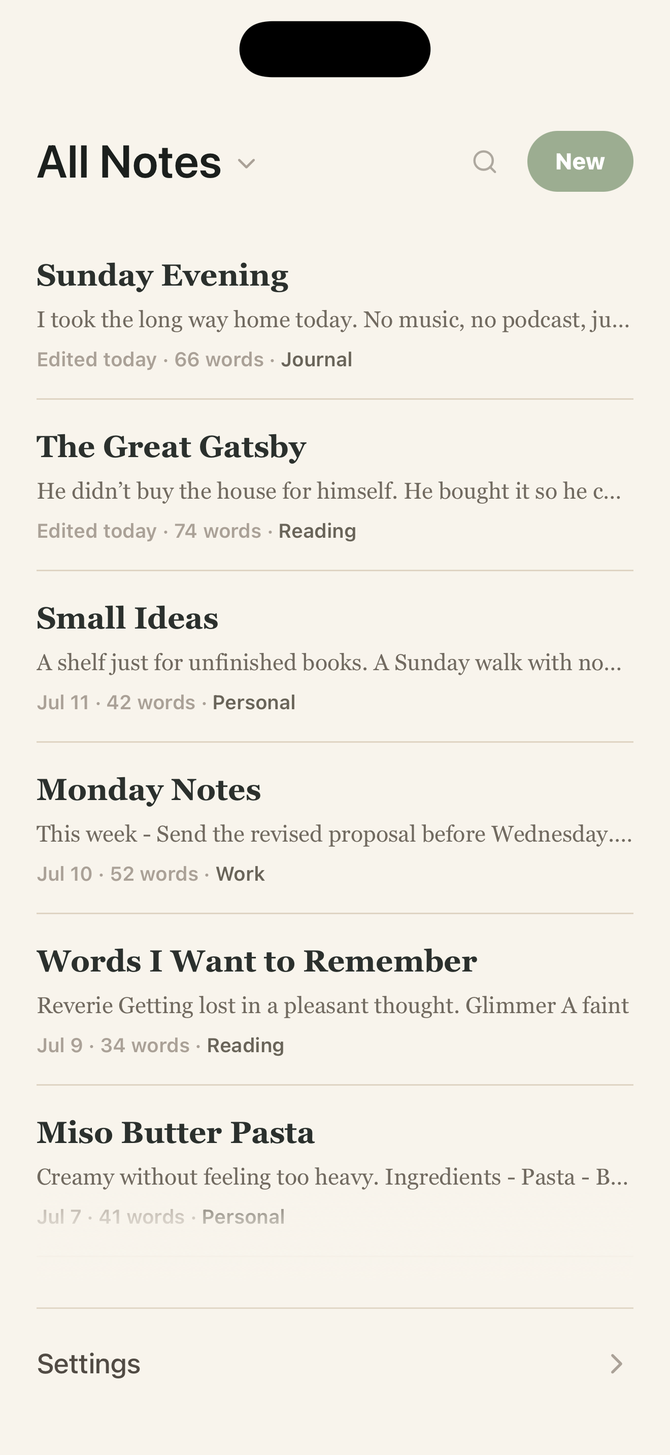Quietleaf All Notes list with reading, journal, work, and personal notes