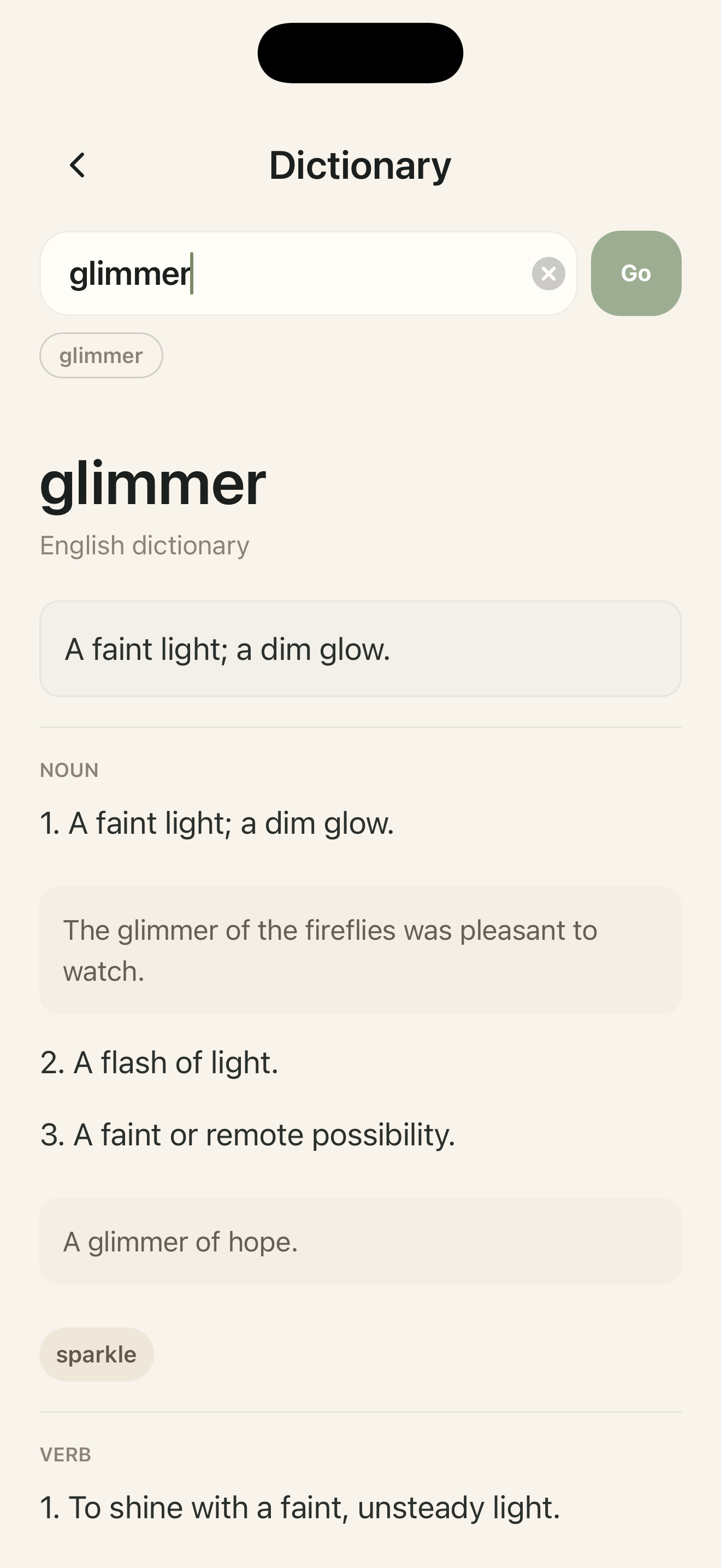 Quietleaf dictionary definition for the word glimmer