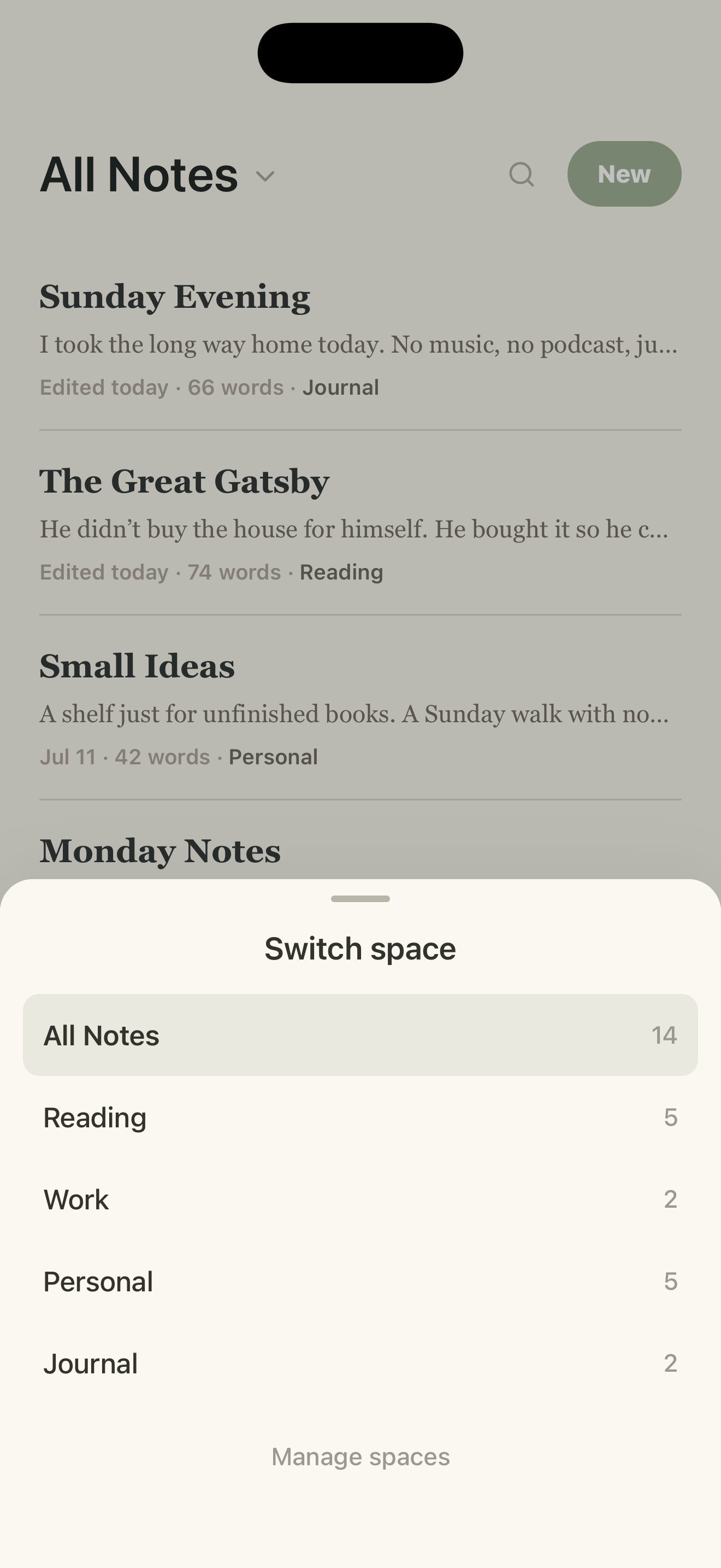 Quietleaf Space switcher with Reading, Work, Personal, and Journal
